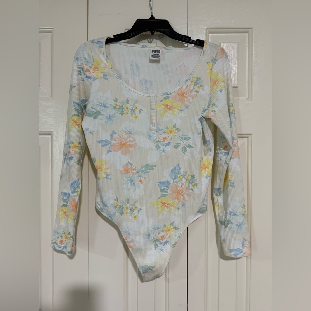 Victoria's Secret Pink Long Sleeve Ribbed Floral Snap Button Bodysuit
